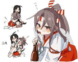 Rule 34 | 2girls, black hair, blush, bottle, brown eyes, commentary, drunk, hachimaki, headband, high ponytail, hinata hibari, japanese clothes, kantai collection, kimono, light brown hair, long hair, long sleeves, multiple girls, open mouth, red shorts, sake bottle, shorts, shouhou (kancolle), simple background, socks, squeans, symbol-only commentary, white background, white kimono, white socks, wide sleeves, zuihou (kancolle)