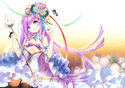 Rule 34 | 1girl, animal, black thighhighs, blue eyes, bow, breasts, brooch, bug, butterfly, cleavage, covered erect nipples, cross-laced clothes, detached sleeves, dress, flower, flying, frilled sleeves, frills, glint, head tilt, insect, jewelry, leaf, long hair, long sleeves, looking at viewer, original, plant, purple hair, ribbon, roh nam kyung, scepter, smile, solo, staff, standing, thighhighs, underboob, very long hair, white dress, zettai ryouiki
