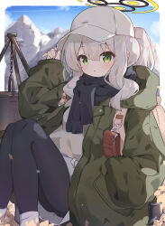 Rule 34 | 1girl, absurdres, backpack, bag, baseball cap, black pantyhose, black scarf, blue archive, blush, brown bag, chinese commentary, commentary request, feet out of frame, green eyes, green jacket, halo, hare (blue archive), hare (camp) (blue archive), hat, highres, jacket, knees up, long hair, long sleeves, looking at viewer, open mouth, pantyhose, ponytail, scarf, sitting, solo, vanishedstar, white hair, white hat, yellow halo