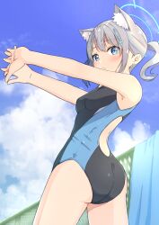Rule 34 | 1girl, absurdres, animal ear fluff, animal ears, ass, black one-piece swimsuit, blue archive, blue eyes, blue sky, breasts, cloud, competition swimsuit, covered navel, cowboy shot, cross hair ornament, extra ears, from behind, grey hair, hair ornament, halo, highres, looking at viewer, looking back, low ponytail, medium breasts, medium hair, mismatched pupils, multicolored clothes, multicolored swimsuit, negimiso1989, one-piece swimsuit, railing, shiroko (blue archive), shiroko (swimsuit) (blue archive), sky, solo, stretching, swimsuit, wolf ears