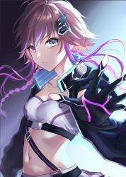 Rule 34 | 1girl, anoa, blue eyes, blue hair, braid, breasts, brown hair, buckle, commentary request, contact lens, cyberpunk, fingerless gloves, gloves, hair extensions, hair ornament, heterochromia, highres, idolmaster, idolmaster cinderella girls, jacket, long hair, looking at viewer, midriff, multicolored hair, navel, ninomiya asuka, open clothes, open jacket, open mouth, orange hair, parted lips, purple eyes, purple hair, short hair, sidelighting, small breasts, solo, strapless, streaked hair, tube top, twin braids, two-tone hair, v-shaped eyebrows, very long hair