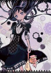 Rule 34 | 1girl, absurdres, akemi homura, arms at sides, bigskycastle, black dress, black hair, black ribbon, border, center frills, character doll, commentary, doll, dress, english commentary, feet out of frame, floating hair, frills, grey eyes, hair floating upwards, hand jewel, head tilt, highres, holding, holding doll, kaname madoka, lace, lace-trimmed dress, lace background, lace border, lace print, lace trim, looking ahead, mahou shoujo madoka magica, neck ribbon, ornate border, print dress, ribbon, shirt, short sleeves, sleeve cuffs, solo, standing, tearing up, white background, white shirt
