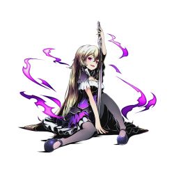 Rule 34 | 10s, 1girl, absurdly long hair, between legs, black pantyhose, blonde hair, breasts, cleavage, divine gate, dress, fang, full body, hair between eyes, hand between legs, jewelry, layered dress, long hair, looking at viewer, medium breasts, muramasa (divine gate), necklace, official art, open mouth, pantyhose, red eyes, sitting, solo, transparent background, ucmm, very long hair