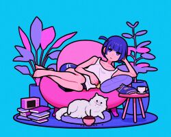 Rule 34 | 1girl, aqua background, bag of chips, bare legs, barefoot, blue hair, blue shorts, book, book stack, bright pupils, cat, chair, food, halftone, highres, holding, holding food, looking at viewer, miyoshi yoshimi, original, pet food, plant, potted plant, purple eyes, rug, shadow, short hair, shorts, simple background, sitting, solo, tank top, white pupils, white tank top, wide shot