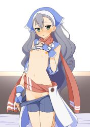 Rule 34 | 1girl, :o, absurdres, bike shorts, blue gloves, blue headwear, blush, breasts, cleft of venus, clothes lift, clothes pull, female focus, fingerless gloves, gloves, green eyes, grey hair, head scarf, highres, karin (rune factory), kneeling, long hair, looking at viewer, luke (b10a3123m), navel, nipples, on bed, open mouth, petite, pulling own clothes, pussy, red scarf, rune factory, rune factory 3, scarf, shirt lift, shorts, shorts pull, small breasts, solo, sweat, undressing, wavy hair