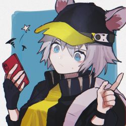Rule 34 | 1girl, animal ears, arknights, arms up, backpack, bad id, bad twitter id, bag, baseball cap, black gloves, black hat, black jacket, blue eyes, click (arknights), fingerless gloves, frown, gloves, grey hair, hat, holding, holding phone, index finger raised, jacket, mouse ears, one-hour drawing challenge, open clothes, open jacket, phone, portrait, shirt, short hair, single glove, solo, sweatdrop, une une44, wristband, yellow shirt