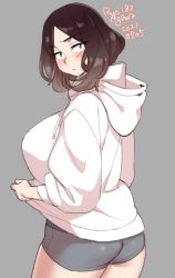 Rule 34 | 1girl, 2021, agawa ryou, ass, blush, breasts, brown hair, commentary, english commentary, from behind, green eyes, grey background, hood, hoodie, huge breasts, looking at viewer, original, short hair, simple background, solo, thighs