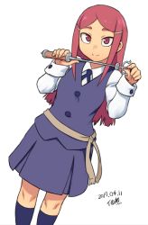 Rule 34 | 10s, 1girl, belt, buttons, character request, extra, flat chest, full body, kneehighs, little witch academia, long hair, parted bangs, red eyes, red hair, school uniform, skirt, smile, socks, solo, tsukudani (coke-buta), wand, white background