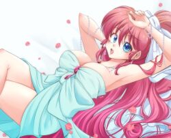 Rule 34 | 1girl, armpits, blue eyes, breasts, cleavage, dress, earrings, jewelry, large breasts, lipstick, long hair, makeup, necklace, open mouth, petals, ranma 1/2, red hair, saotome ranma, solo, uehara doh, very long fingernails, very long hair