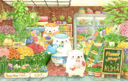 Rule 34 | animal, bear, blush, bow, bowtie, colored pencil (medium), florist, flower, flower shop, green neckwear, looking at another, looking away, no humans, original, painting (medium), red neckwear, rose, shop, sign, st.kuma, traditional media, watercolor (medium), watering, watering can