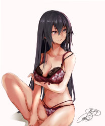 Rule 34 | 1girl, artist name, barefoot, black hair, bra, breasts, character name, cleavage, closed mouth, collarbone, groin, hair between eyes, highres, kantai collection, large breasts, long hair, nagato (kancolle), navel, panties, red bra, red eyes, red panties, rizzl, signature, solo, underwear