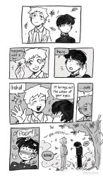 Rule 34 | 2boys, artist name, blazer, blush, closed eyes, closed mouth, collared shirt, comic, commentary, english commentary, english text, esper-eclipse, flower, gakuran, greyscale, hair flower, hair ornament, hanazawa teruki, highres, holding, holding flower, jacket, kageyama shigeo, leaf, long sleeves, looking at another, male focus, mob psycho 100, monochrome, multiple boys, necktie, open mouth, school uniform, shirt, short hair, simple background, smile, speech bubble, standing, tree, white background, yaoi