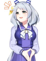 Rule 34 | 1girl, :d, absurdres, animal ears, bow, bowtie, breasts, commentary, ear covers, grey hair, highres, hishi miracle (umamusume), horse ears, horse girl, horseshoe ornament, large breasts, long sleeves, looking to the side, medium hair, open mouth, pleated skirt, purple shirt, purple skirt, sailor collar, sailor shirt, school uniform, shirt, simple background, skirt, smile, solo, tpicm, tracen school uniform, umamusume, white background, white bow, white bowtie