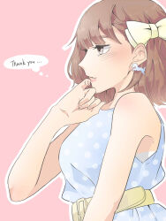 Rule 34 | 1girl, bare shoulders, belt, belt buckle, blue dress, blush, bow, breasts, brown belt, brown eyes, brown hair, buckle, commentary request, dress, hair bow, hand up, highres, horse earrings, kashikaze, kusuda aina, large breasts, medium hair, outline, parted lips, pink background, polka dot, polka dot dress, profile, real life, simple background, sleeveless, sleeveless dress, solo, thought bubble, white bow, white outline