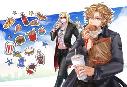 Rule 34 | 2boys, black jacket, black nails, black pants, blonde hair, blue sky, burger, can, candy, chocolate, cloud, cloudy sky, coat, cola, command spell, cookie, cup, cupcake, daybit sem void, disposable cup, drink, drink can, drinking, drinking straw, eating, fate/grand order, fate (series), food, hair between eyes, hand in pocket, highres, holding, holding food, hot dog, ice cream, jacket, jewelry, ketchup, long hair, long sleeves, looking at viewer, male focus, masaki-rt, meat, medallion, milkshake, multiple boys, necklace, open clothes, open jacket, orange-tinted eyewear, pants, pizza, purple eyes, sandwich, sesame seeds, shirt, short hair, sky, soda, soda can, star (symbol), sunglasses, tezcatlipoca (fate), tinted eyewear, trench coat, walking, white shirt, wrapper