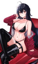 Rule 34 | 1girl, absurdres, ahoge, arm support, azur lane, bare shoulders, bikini, black bikini, black choker, black footwear, black hair, black panties, black thighhighs, boots, breasts, choker, cleavage, commentary request, copyright name, crossed bangs, eyewear on head, foot out of frame, hair between eyes, hand up, highres, jacket, jacket partially removed, knee up, large breasts, legs, long hair, long sleeves, looking at viewer, multi-strapped bikini bottom, navel, nyanbutter, official alternate costume, on vehicle, open clothes, open jacket, panties, parted lips, rectangular eyewear, red eyes, red jacket, sitting, solo, stomach, string bikini, swimsuit, taihou (azur lane), taihou (enraptured companion) (azur lane), thigh boots, thighhighs, thighs, underwear, very long hair, white-framed eyewear, white background