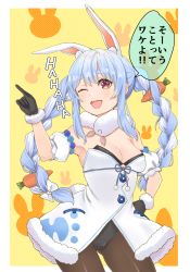 Rule 34 | 1girl, animal ear fluff, animal ears, armpits, bare shoulders, black gloves, black leotard, blue hair, blush, bow, braid, breasts, brown pantyhose, carrot hair ornament, cleavage, commentary request, detached sleeves, don-chan (usada pekora), dress, food-themed hair ornament, fur-trimmed dress, fur-trimmed gloves, fur trim, gloves, hair bow, hair ornament, hand up, highres, hololive, laughing, leotard, long hair, multicolored hair, natsushiro, pantyhose, pointing, puffy short sleeves, puffy sleeves, rabbit ears, red eyes, short eyebrows, short sleeves, small breasts, strapless, strapless dress, strapless leotard, thick eyebrows, twin braids, twintails, two-tone background, two-tone hair, usada pekora, usada pekora (1st costume), very long hair, virtual youtuber, white background, white bow, white dress, white hair, white sleeves, yellow background