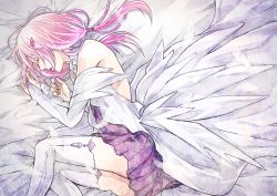 Rule 34 | 1girl, bed sheet, bridal gauntlets, closed eyes, feathers, from above, guilty crown, hair ornament, long hair, low twintails, lying, miniskirt, on side, open mouth, pink hair, pleated skirt, purple skirt, skirt, sleeping, solo, thighhighs, twintails, white feathers, white thighhighs, yoma, yuzuriha inori, zettai ryouiki