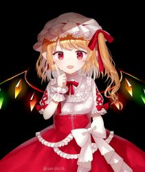 Rule 34 | 1girl, alternate costume, arm up, black background, blonde hair, bow, breasts, cowboy shot, crystal, fang, finger to cheek, flandre scarlet, frilled shirt, frills, glowing, hair ribbon, hat, layered skirt, looking at viewer, mob cap, open mouth, pale skin, pointy ears, puffy short sleeves, puffy sleeves, red eyes, red skirt, ribbon, sakizaki saki-p, shirt, short hair, short sleeves, side ponytail, simple background, skin fang, skirt, small breasts, solo, standing, swept bangs, touhou, twitter username, underbust, white bow, white hat, white shirt, wings, wrist cuffs