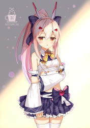 Rule 34 | 1girl, :o, aliter, arm grab, artist name, ayanami (azur lane), azur lane, bare shoulders, blush, bow, breasts, collared shirt, commentary request, detached sleeves, frilled skirt, frilled sleeves, frills, hair between eyes, hair bow, hair ornament, hairclip, headgear, heart, high ponytail, highres, light brown hair, logo, long hair, long sleeves, midriff, parted lips, plaid, plaid bow, plaid skirt, pleated skirt, ponytail, purple bow, purple skirt, red eyes, shirt, sidelocks, signature, skirt, sleeveless, sleeveless shirt, sleeves past wrists, small breasts, solo, thighhighs, very long hair, white shirt, white sleeves, white thighhighs, wide sleeves, yellow bow