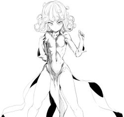 Rule 34 | 1girl, breasts, dress, looking at viewer, matching hair/eyes, monochrome, one-punch man, rom (20), short hair, small breasts, solo, tatsumaki