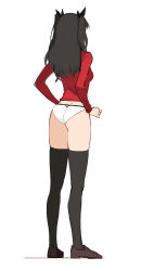 Rule 34 | 1girl, absurdres, ass, black hair, black thighhighs, breasts, commentary, fate/stay night, fate (series), from behind, full body, hair ribbon, hands on own hips, highres, jason kim, long hair, long sleeves, medium breasts, no pants, panties, ribbon, solo, standing, sweater, thighhighs, tohsaka rin, twintails, two side up, underwear, white panties, zettai ryouiki