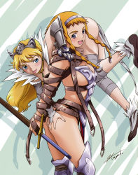 Rule 34 | 00s, 2girls, absurdres, armor, ass, ass grab, bandages, belt, blonde hair, blue eyes, blush, braid, breasts, buckle, captain of the royal guard elina, earrings, elina (queen&#039;s blade), elina (queen's blade), exiled warrior leina, food, fruit, gauntlets, girl carry, headband, highres, jewelry, leina (queen&#039;s blade), leina (queen's blade), multiple girls, queen&#039;s blade, raspberry, revealing clothes, sideboob, sword, tongue, twin braids, weapon