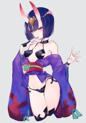 Rule 34 | 1girl, absurdres, bikini, black bikini, blunt bangs, blunt ends, bob cut, breasts, bridal gauntlets, cowboy shot, cropped legs, eyeliner, fate/grand order, fate (series), grey background, hair ornament, half-closed eyes, headpiece, highres, horns, japanese clothes, kimono, long sleeves, looking at viewer, makeup, navel, obi, off shoulder, oni, open mouth, purple eyes, purple hair, purple kimono, revealing clothes, sash, short eyebrows, short hair, shuten douji (fate), simple background, skin-covered horns, small breasts, solo, standing, swimsuit, thighhighs, thighs, tsunami samemaru, wide sleeves