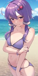 Rule 34 | 1girl, ahoge, b.c, beach, bikini, blue sky, blush, bracelet, breasts, cloud, cowboy shot, day, embarrassed, hair ornament, hand on own arm, highres, jewelry, looking at viewer, navel, outdoors, purple bikini, purple eyes, purple hair, purple nails, shore, short hair with long locks, sky, small breasts, solo, swimsuit, vocaloid, voiceroid, water, yuzuki yukari