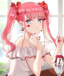 Rule 34 | 1girl, bare shoulders, blue eyes, cherry, closed mouth, fingernails, food, food on face, from side, fruit, glass, ice cream, looking at viewer, looking to the side, nail art, nail polish, off-shoulder shirt, off shoulder, original, pink hair, pink nails, shigure s, shirt, solo, sundae, twintails, white shirt