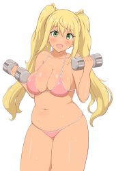 Rule 34 | 1girl, bikini, blonde hair, blush, breasts, cleavage, dumbbell, dumbbell nan kilo moteru?, fang, green eyes, highres, large breasts, long hair, looking at viewer, navel, open mouth, pink bikini, plump, sakura hibiki, shiny skin, simple background, smile, solo, swimsuit, tan, thick thighs, thighs, twintails, very long hair, wagokinesis, white background