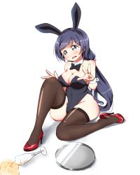 Rule 34 | 10s, 1girl, alcohol, animal ears, black hair, bow, bowtie, breasts, cleavage, cup, detached collar, drinking glass, fake animal ears, green eyes, high heels, long hair, love live!, love live! school idol project, playboy bunny, rabbit ears, skull573, solo, spill, sukaru573, thighhighs, tojo nozomi, tray, twintails, wine, wine glass, wrist cuffs