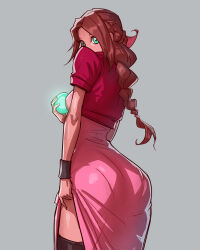 Rule 34 | 1girl, aerith gainsborough, ass, ball, black thighhighs, braid, braided ponytail, breasts, brown hair, clothes lift, cropped jacket, davecavedraws, dress, dress lift, final fantasy, final fantasy vii, final fantasy vii rebirth, final fantasy vii remake, green eyes, grey background, hair ribbon, highres, holding, holding ball, jacket, long dress, long hair, looking at viewer, materia, medium breasts, parted bangs, pink dress, pink ribbon, red jacket, ribbon, short sleeves, single braid, solo, thighhighs, upper body, wristband