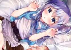 Rule 34 | 1girl, :o, animal ears, apron, bed sheet, blue capelet, blue eyes, blue hair, blush, bow, bowtie, brown skirt, capelet, chestnut mouth, claw pose, commentary request, corset, flat chest, floral print, frilled apron, frills, from above, gao, gochuumon wa usagi desu ka?, hair between eyes, hair ornament, kafuu chino, kemonomimi mode, light blue hair, long hair, long sleeves, looking at viewer, lying, on back, open mouth, ponytail, rouka (akatyann), shirt, sidelocks, skirt, striped bow, striped bowtie, striped clothes, striped neckwear, waist apron, white apron, white shirt, wolf ears, x hair ornament