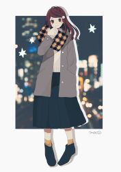 Rule 34 | 1girl, artist name, black footwear, black skirt, blurry, blurry background, blush stickers, border, bright pupils, brown eyes, brown hair, cityscape, closed mouth, coat, drop shadow, full body, fur trim, grey coat, hair ornament, hand in pocket, hand up, highres, holding, long hair, long skirt, long sleeves, looking at viewer, maco22, open clothes, orange socks, original, photo background, plaid, pleated skirt, red hair, scarf, shoes, signature, skirt, smile, socks, solo, standing, star (symbol), sweater, white border, white pupils, white sweater