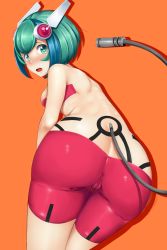 Rule 34 | 10s, 1girl, :o, android, aqua eyes, aqua hair, ass, bike shorts, blue hair, blush, breasts, butt crack, cable, cable tail, cameltoe, chiyo goya, cowboy shot, dimension w, embarrassed, eyebrows, from behind, from below, green eyes, headgear, highres, leaning forward, looking at viewer, looking back, mechanical tail, multicolored hair, orange background, ribs, short hair, simple background, skin tight, solo, spine, streaked hair, tail, thigh gap, two-tone hair, yurizaki mira