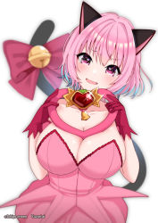 Rule 34 | 1girl, animal ears, bare shoulders, bell, blue hair, blush, bow, breasts, cat ears, cat tail, choker, cleavage, collarbone, cosplay, dress, gloves, heart, highres, idolmaster, idolmaster cinderella girls, jingle bell, large breasts, looking at viewer, magical girl, mew ichigo, mew ichigo (cosplay), multicolored hair, open mouth, pink dress, pink eyes, pink hair, red gloves, short hair, simple background, smile, solo, tail, tail bell, tail bow, tail ornament, tokyo mew mew, two-tone hair, white background, yumemi riamu, yuzuri ai