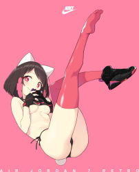 Rule 34 | 1girl, absurdres, air jordan 7, ass, bare shoulders, bikini, black bikini, black footwear, breasts, bright pupils, brown hair, cloba, commentary, hair ornament, highres, holding, holding shoes, legs up, looking at viewer, medium breasts, original, pink background, pink theme, plantar flexion, player 2 (cloba), red eyes, red thighhighs, shoes, short hair, side-tie bikini bottom, simple background, smile, sneakers, solo, stomach, string bikini, swimsuit, thighhighs, underboob