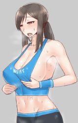 Rule 34 | 1girl, black hair, blush, breasts, cleavage, covered erect nipples, female focus, grey background, grey eyes, grey hair, groin, heavy breathing, highres, huge breasts, large breasts, navel, nintendo, open mouth, ponytail, sideboob, simple background, solo, sweat, teeth, tongue, wii fit, wii fit trainer, wii fit trainer (female), wolffeld price, wristband