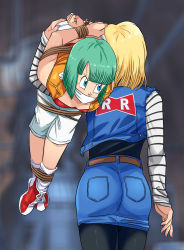 Rule 34 | 2girls, android 18, ass, bdsm, blonde hair, blue eyes, bondage, bound, bound ankles, bound legs, bound wrists, breasts, bulma, carrying, carrying over shoulder, cloth gag, dragon ball, dragonball z, from behind, gag, gagged, green hair, highres, improvised gag, jacket, lost one zero, multiple girls, over the mouth gag, pants, shoes, small breasts, sneakers, socks, white pants, white socks
