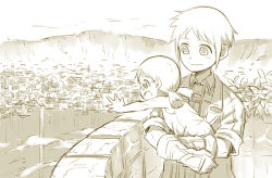 Rule 34 | 1boy, 1girl, :d, blush, building, carrying, child, closed mouth, collared shirt, cr72, father and daughter, glasses, jacket, long hair, looking at viewer, made in abyss, monochrome, open mouth, outdoors, outstretched arm, plant, riko (made in abyss), shirt, short hair, short twintails, sideways mouth, sketch, smile, time paradox, torka, twintails, water, waterfall, whistle, wing collar