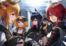 Rule 34 | 4girls, ahoge, animal ears, arknights, bad id, bad pixiv id, bird, black gloves, black vest, bow, breasts, brown eyes, building, cleavage, coat, croissant (arknights), day, exusiai (arknights), fingerless gloves, fur trim, gloves, green eyes, gun, hair bow, hair over one eye, headband, highres, horns, long hair, medium breasts, multiple girls, necktie, open mouth, outdoors, red bow, red eyes, red hair, red neckwear, shirt, sho (sumika), short hair, sky, sora (arknights), texas (arknights), upper body, vest, weapon, white shirt