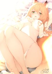Rule 34 | 1girl, animal ears, blonde hair, blurry, blurry background, blush, breasts, chita (ketchup), fangs, fox ears, fox girl, fox tail, green eyes, hair between eyes, highres, knees up, large breasts, long hair, long sleeves, looking at viewer, lying, mole, mole on thigh, no bra, no pants, on back, on bed, open clothes, open shirt, original, panties, panty pull, parted lips, shirt, signature, solo, tail, underwear, white panties, white shirt