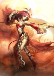 Rule 34 | 1girl, bare legs, bare shoulders, detached sleeves, dress, female focus, fighting stance, full body, gradient background, long hair, ornate, polearm, red eyes, red hair, red theme, shin sangoku musou, shin sangoku musou online, solo, standing, standing on one leg, weapon, youshun (naturaljuice)