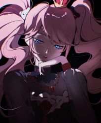 Rule 34 | 1girl, alternate costume, bear hair ornament, black background, blue eyes, colored sclera, commentary request, crown, danganronpa: trigger happy havoc, danganronpa (series), dress, enoshima junko, floating hair, grey sclera, hair ornament, half-closed eyes, hand on own chin, hand up, highres, jewelry, lips, long hair, long sleeves, looking at viewer, nail polish, necklace, parted lips, pink hair, ribbon trim, shi xu jiu zhou, solo, sparkle, teeth, twintails, upper teeth only, very long hair