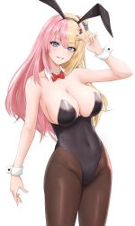 Rule 34 | 1girl, alternate costume, animal ears, arm at side, arm up, bare arms, bare shoulders, black leotard, black pantyhose, blonde hair, blue eyes, bow, bowtie, breasts, cleavage, collar, commentary, covered navel, cowboy shot, detached collar, fake animal ears, grin, groin, hair ornament, highleg, highleg leotard, highres, kotoka torahime, large breasts, leotard, lightning bolt, lightning bolt hair ornament, lightning bolt symbol, long hair, looking at viewer, multicolored hair, nijisanji, nijisanji en, one side up, pantyhose, pink hair, playboy bunny, rabbit ears, red bow, red bowtie, simple background, smile, solo, split-color hair, strapless, strapless leotard, teeth, thighs, two-tone hair, v, vik (xypt7474), virtual youtuber, white background, white collar, white wrist cuffs, wing collar, wrist cuffs, x hair ornament