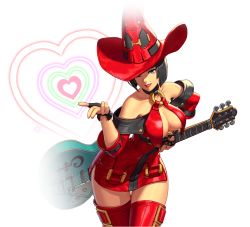 Rule 34 | 1girl, arc system works, bare shoulders, black hair, bob cut, breasts, cleavage, fingerless gloves, gloves, green eyes, guilty gear, guilty gear xrd, guitar, hat, i-no, instrument, large breasts, looking at viewer, mole, mole above mouth, official art, revealing clothes, smile, snk, the king of fighters, the king of fighters all-stars, thighhighs, witch hat