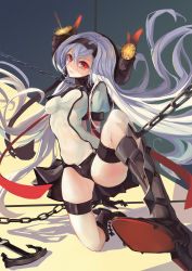 Rule 34 | 10s, 1girl, absurdres, abyssal ship, air defense princess, anchor, bdsm, bodysuit, bondage, bound, breasts, cameltoe, chain, grey hair, high heels, highres, kantai collection, long hair, red eyes, sima naoteng, solo
