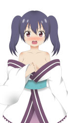 Rule 34 | 1girl, bare shoulders, blush, breasts, clenched hand, collarbone, commentary request, gugu, hair between eyes, hand on own chest, highres, japanese clothes, kimono, long hair, looking at viewer, medium breasts, nose blush, obi, off shoulder, open mouth, purple hair, red eyes, sash, short kimono, sidelocks, simple background, solo, twintails, upper body, urara meirochou, white background, white kimono, yukimi koume