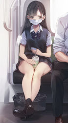 Rule 34 | 1boy, 1girl, absurdres, bag, black eyes, black footwear, black hair, black neckwear, black pants, black thighhighs, blunt bangs, bow, bowtie, brown footwear, cellphone, collar, collared shirt, cup, disposable cup, drink, drinking straw, highres, holding, holding phone, koh (minagi kou), long hair, looking to the side, mary janes, mask, mouth mask, original, pants, phone, plaid, plaid skirt, product placement, purple skirt, railing, revision, rolling eyes, school bag, school uniform, shirt, shoes, short sleeves, sitting, skirt, smartphone, socks, starbucks, striped bow, striped bowtie, striped clothes, striped neckwear, surgical mask, thighhighs, thighs, train interior, uniform, vest, white collar, white shirt, window